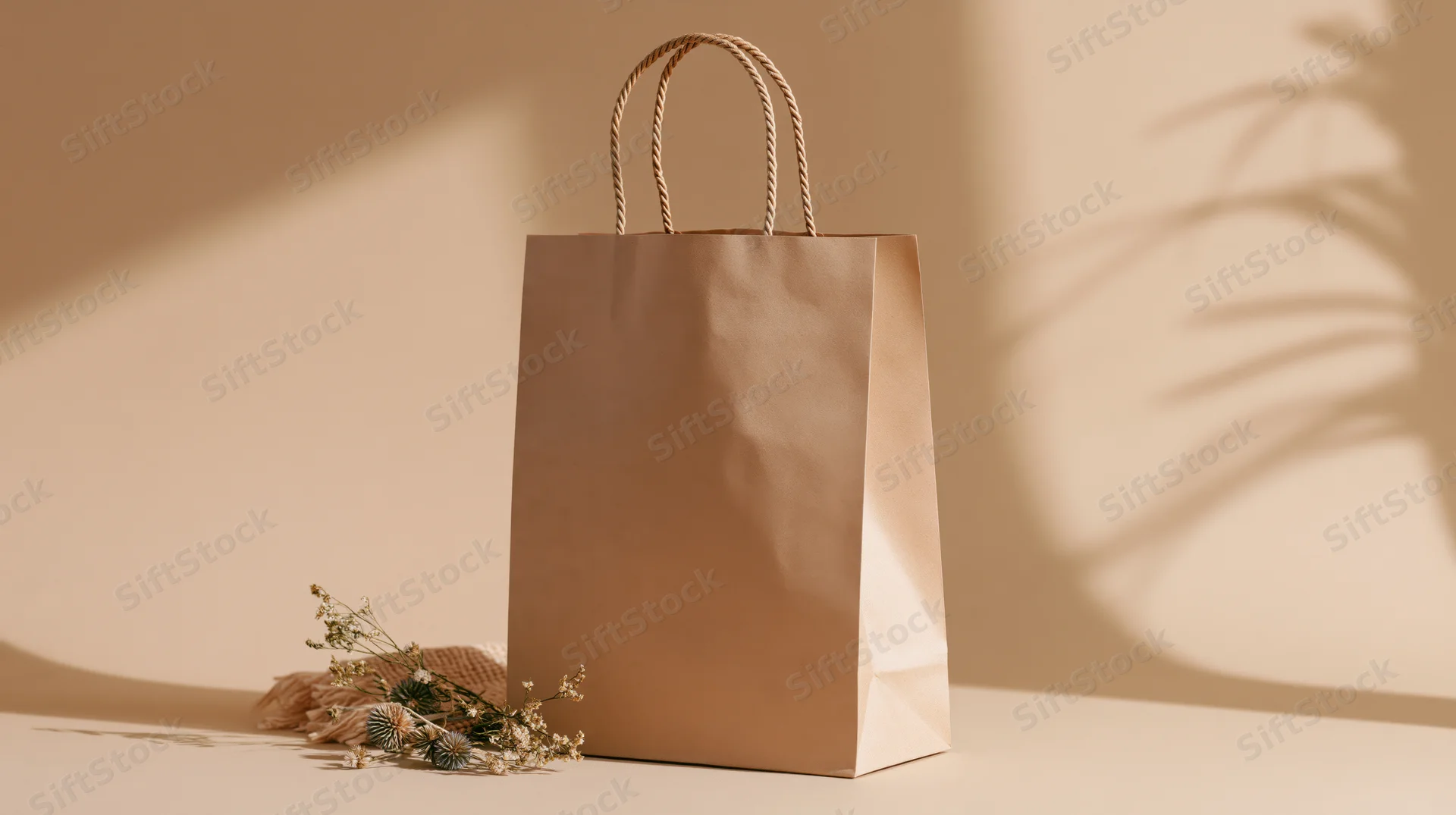 Plain kraft paper shopping bag with twisted rope handles on a beige surface beside dried flowers and plant shadows