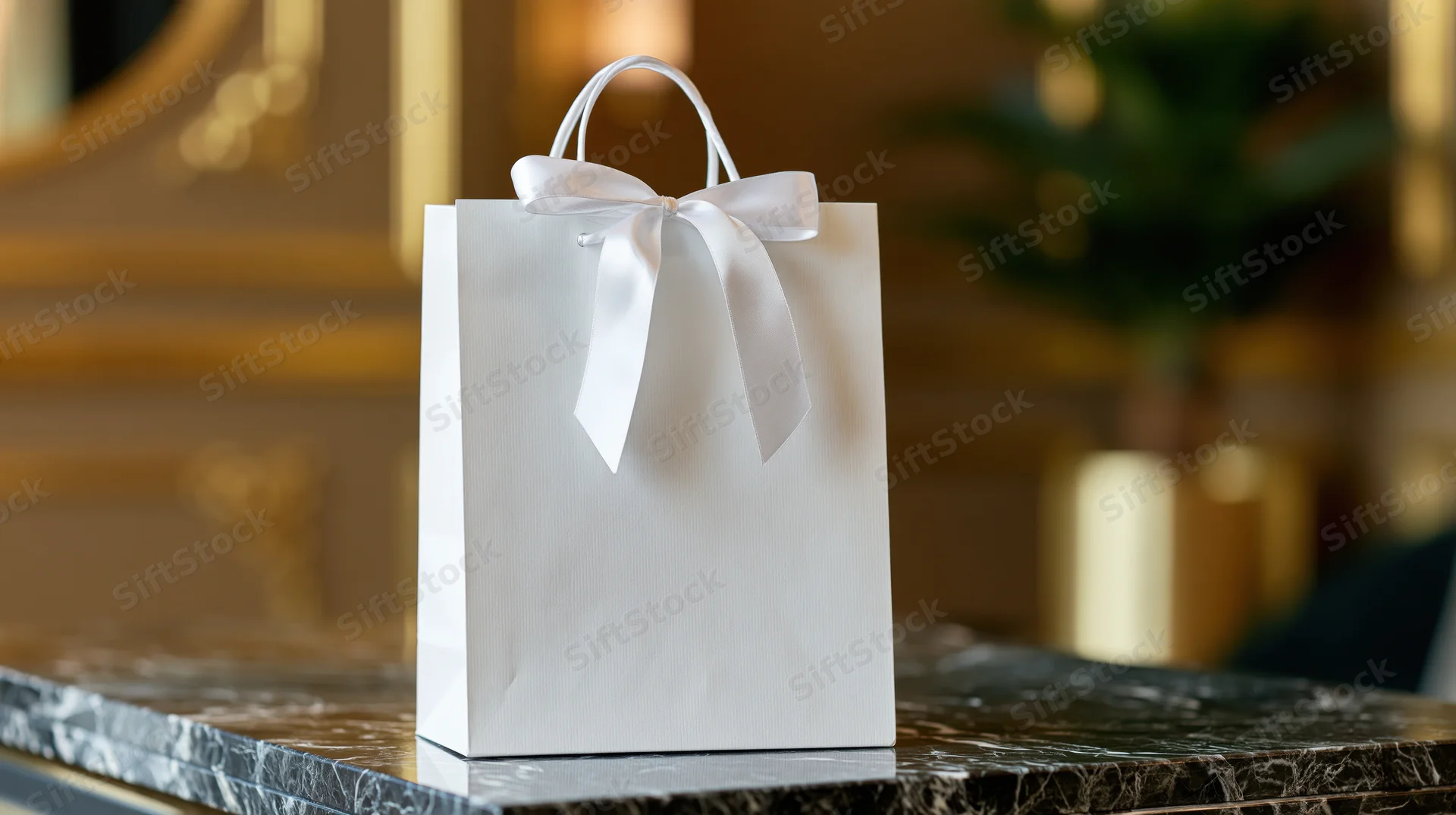 White luxury paper gift bag with satin ribbon bow on marble countertop in hotel lobby