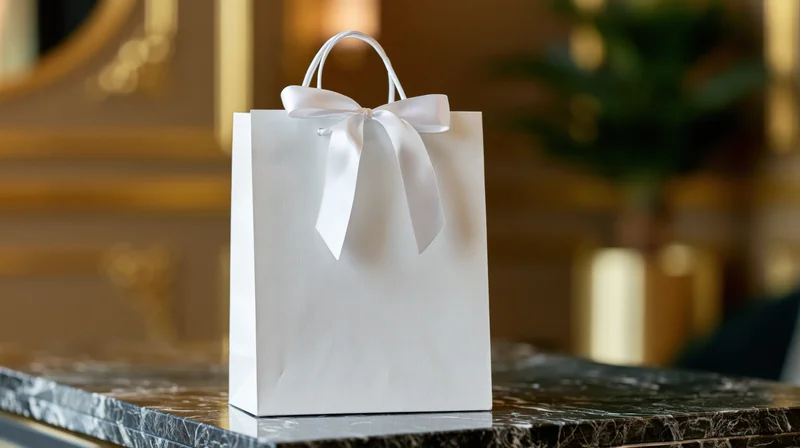 White luxury paper gift bag with satin ribbon bow on marble countertop in hotel lobby