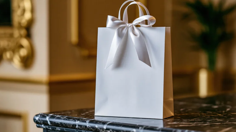 White luxury paper gift bag with satin ribbon bow on marble countertop in elegant interior