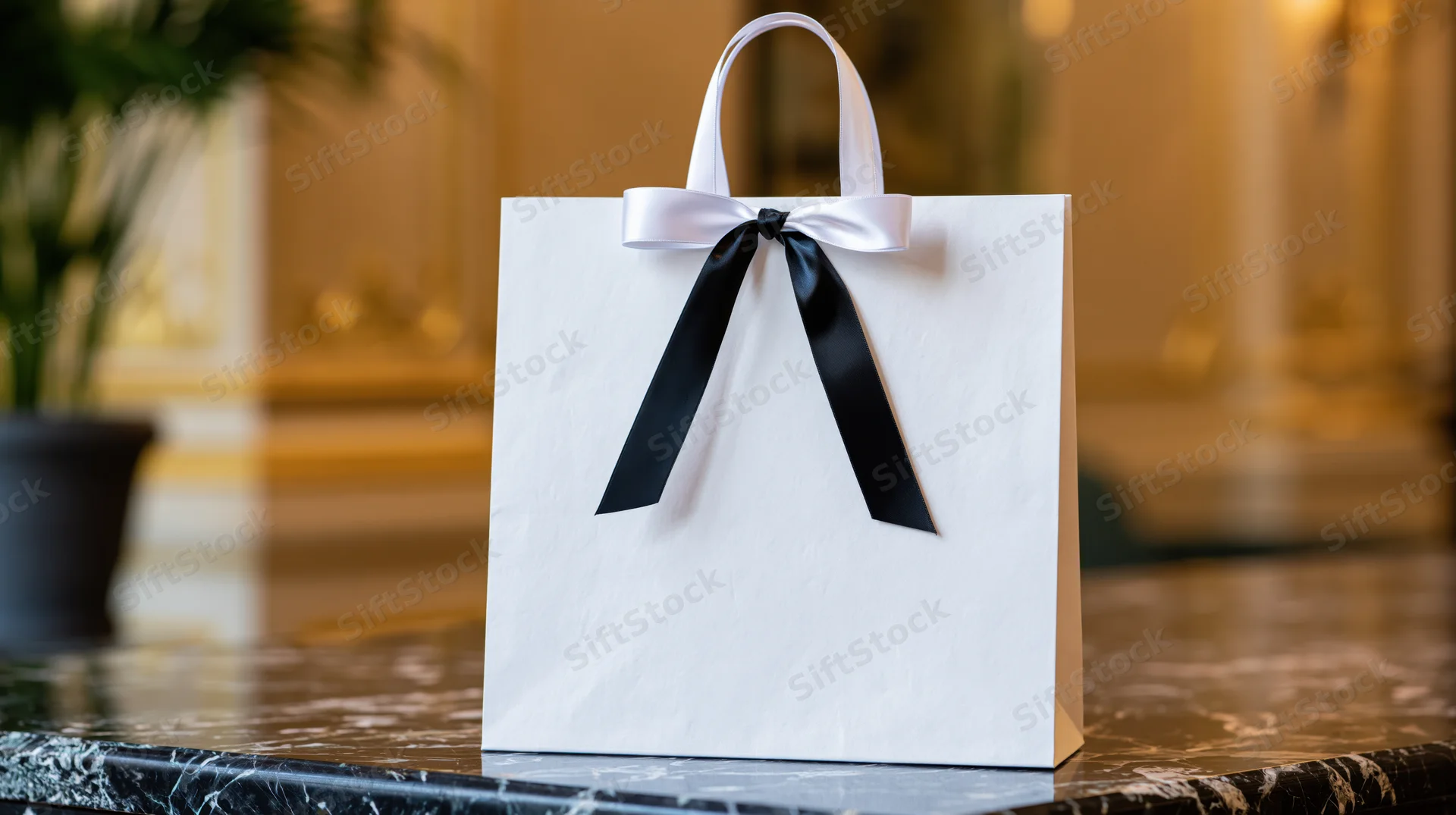 White luxury paper shopping bag with black and white satin ribbon bow on marble countertop