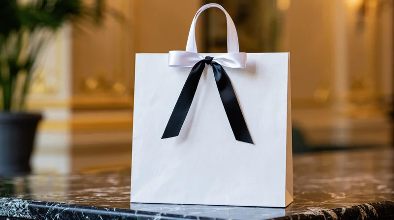 White luxury paper shopping bag with black and white satin ribbon bow on marble countertop