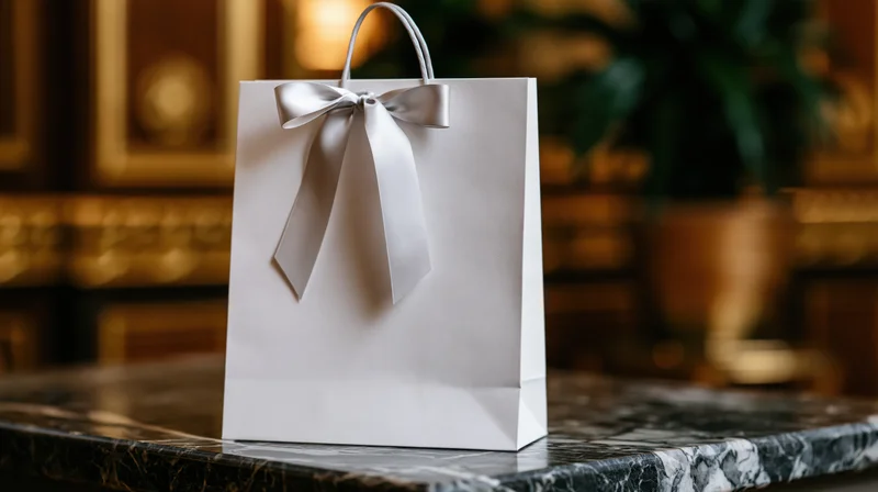 White luxury paper gift bag with satin ribbon bow on marble table in warm interior