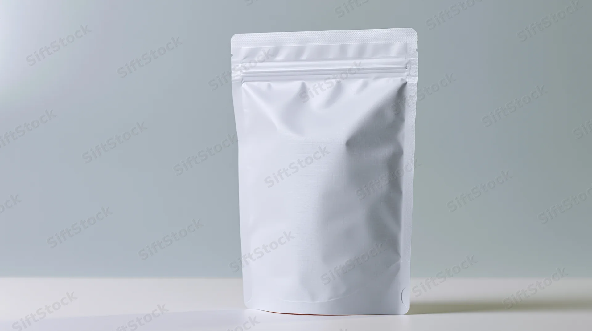 Plain white stand-up pouch with zipper seal on a light surface