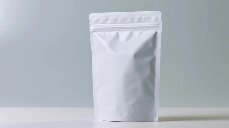 Plain white stand-up pouch with zipper seal on a light surface