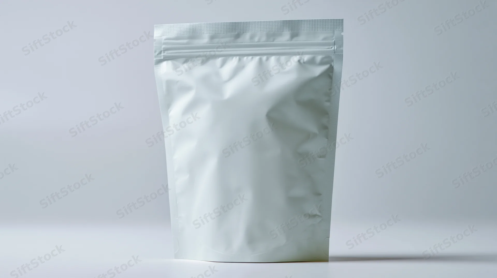 White stand-up pouch with zipper seal on plain background