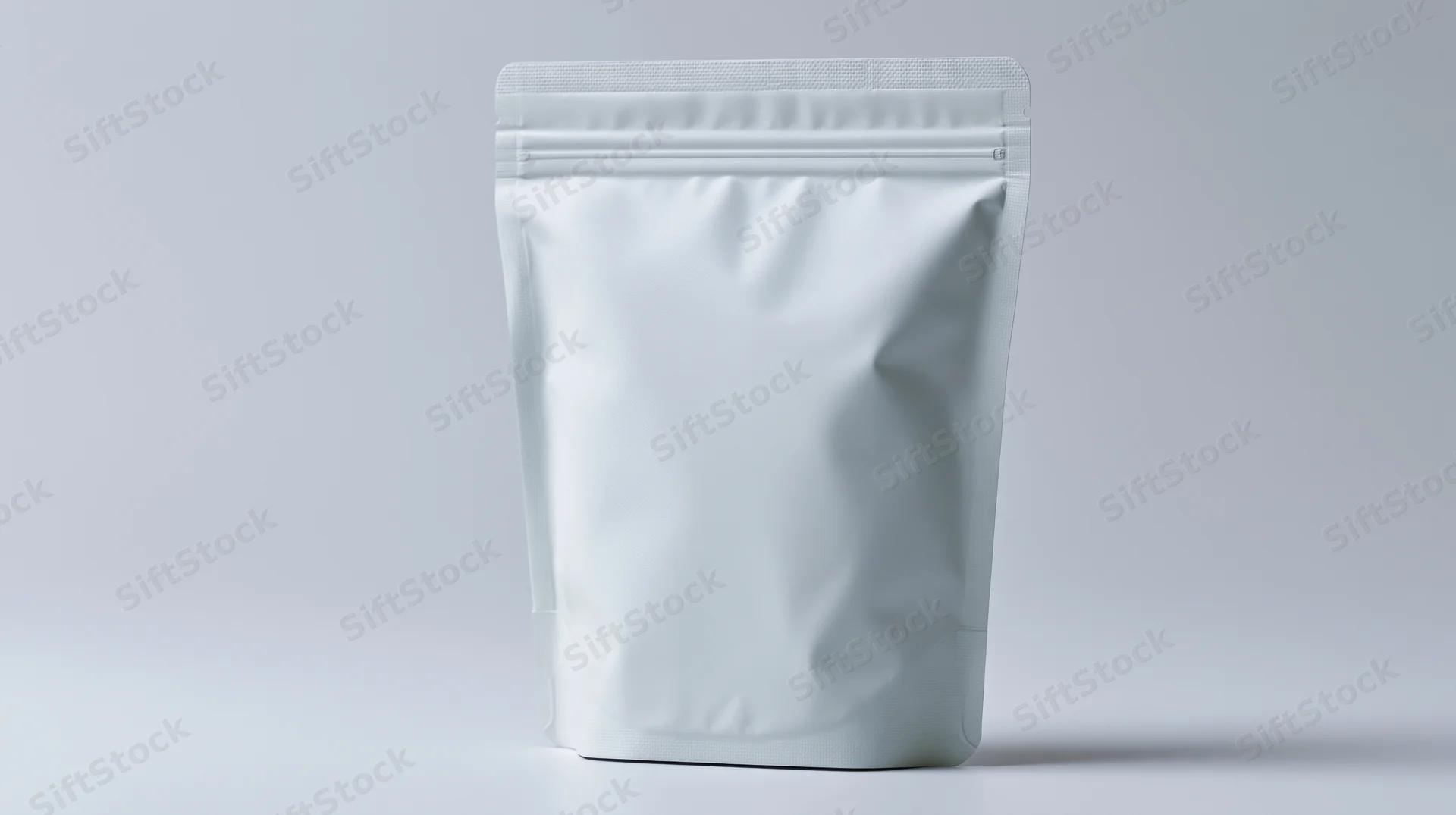 Plain white stand-up pouch with zipper seal on a neutral background