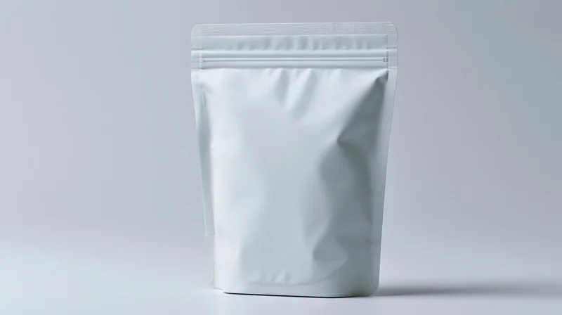 Plain white stand-up pouch with zipper seal on a neutral background