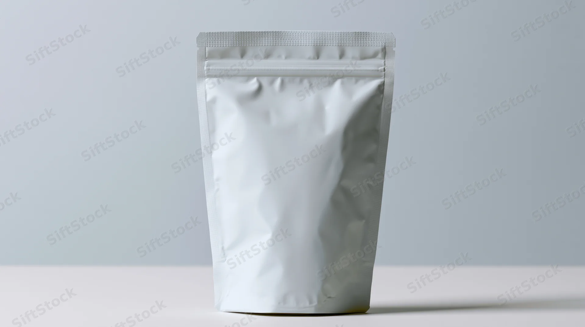 Plain white stand-up pouch with zipper seal on a light surface