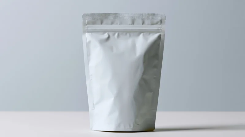 Plain white stand-up pouch with zipper seal on a light surface