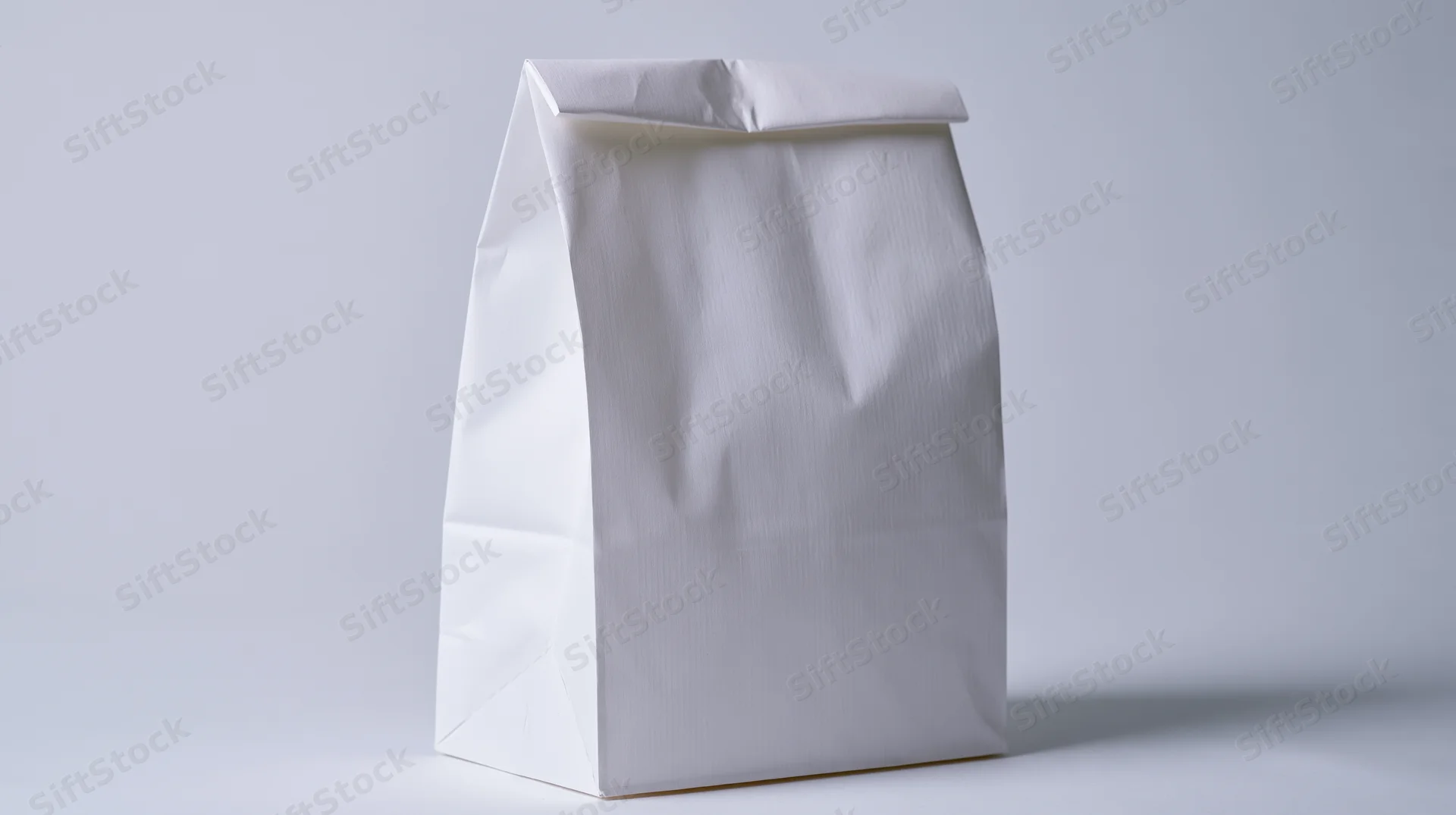 White paper bag standing upright on plain surface with no print or branding