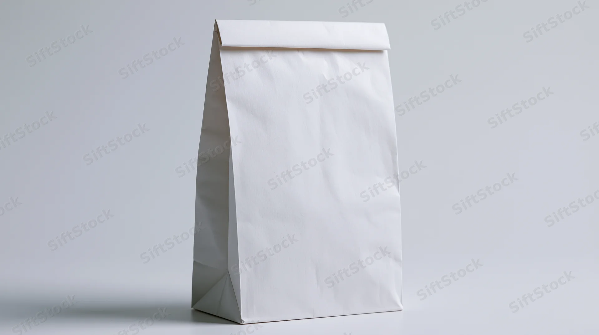 Plain white paper bag standing upright on a neutral surface with blank front for branding or design application