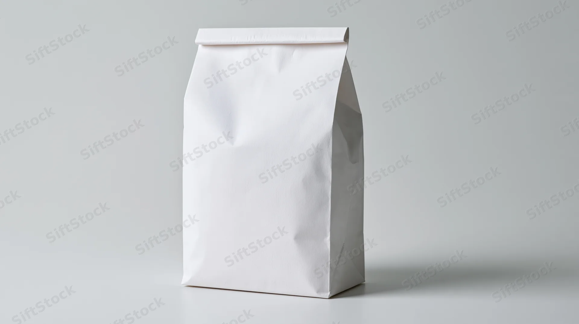 Plain white paper bag standing upright on a neutral surface with blank front for branding or design application