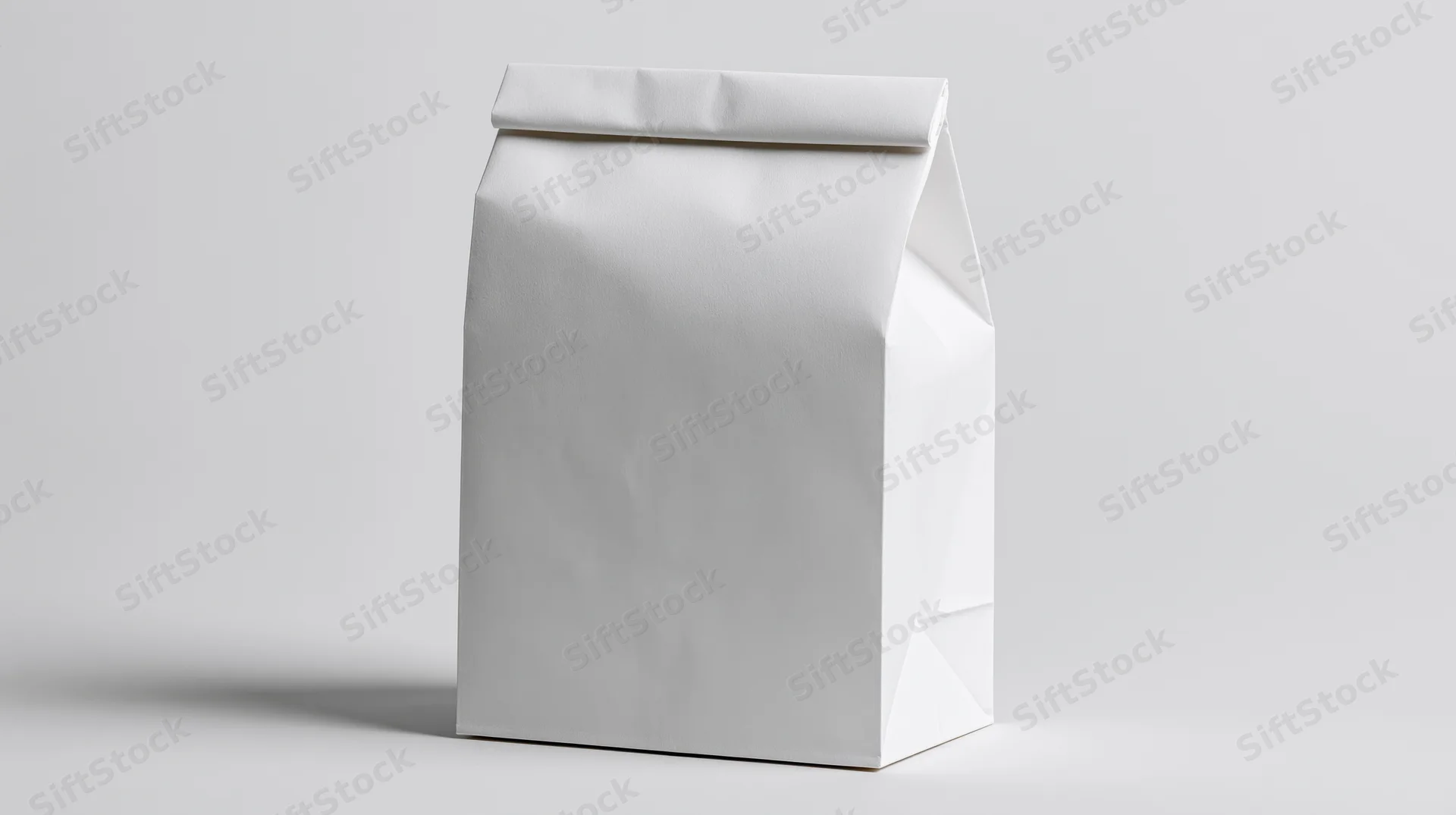 Plain white paper bag standing upright on a neutral surface with no print or branding
