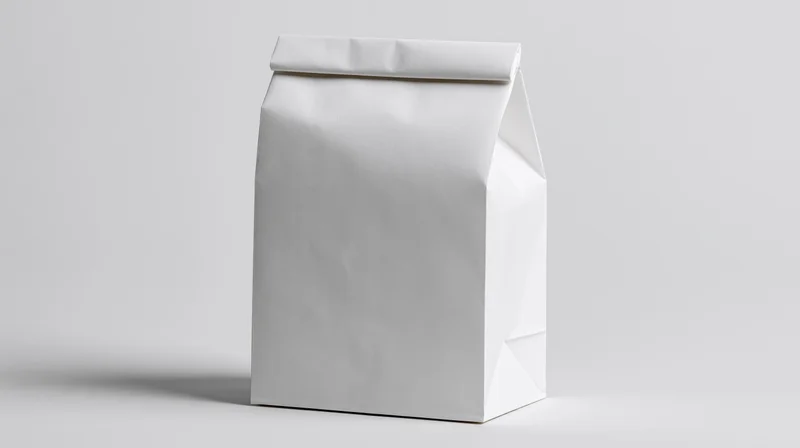 Plain white paper bag standing upright on a neutral surface with no print or branding