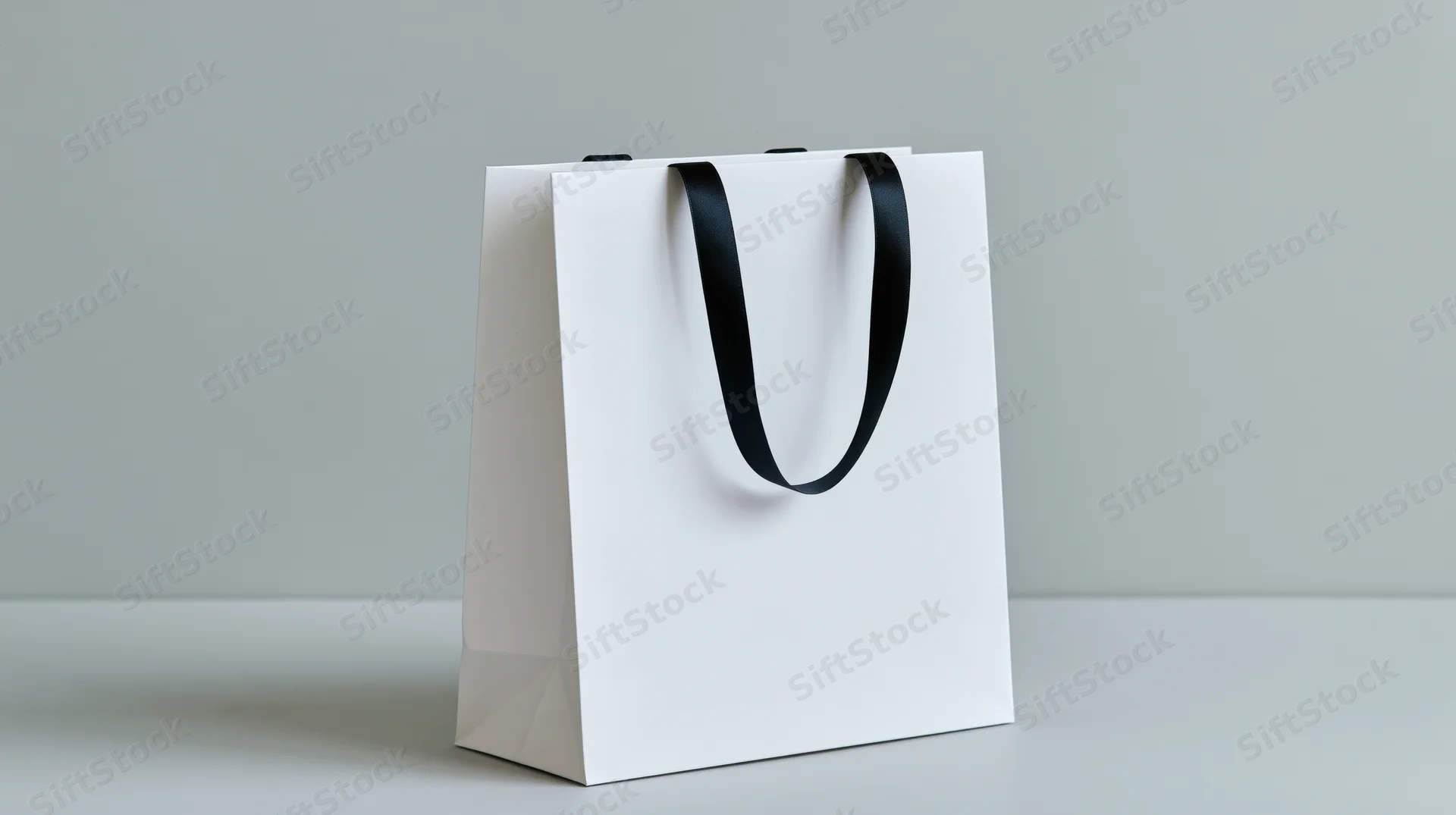 White paper shopping bag with black ribbon handles on a plain gray surface