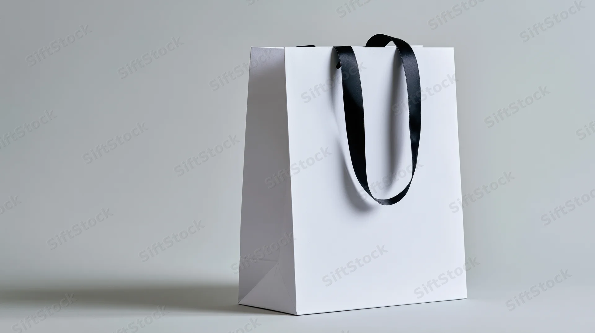 White paper shopping bag with black ribbon handles on a neutral studio background