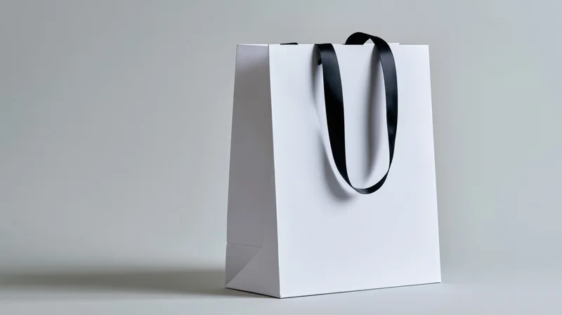White paper shopping bag with black ribbon handles on a neutral studio background