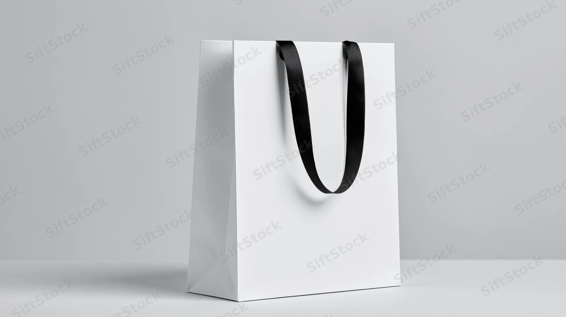 White paper shopping bag with black ribbon handles standing on a plain surface