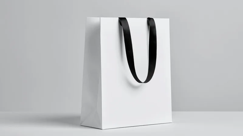 White paper shopping bag with black ribbon handles standing on a plain surface