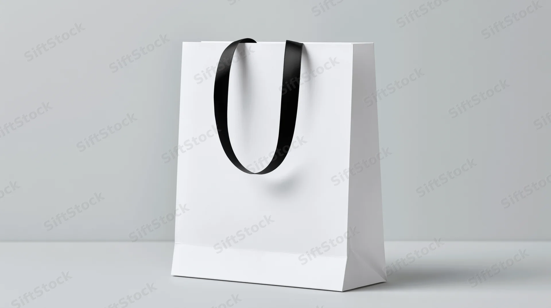 White paper shopping bag with black ribbon handles standing on a plain surface