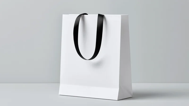 White paper shopping bag with black ribbon handles standing on a plain surface