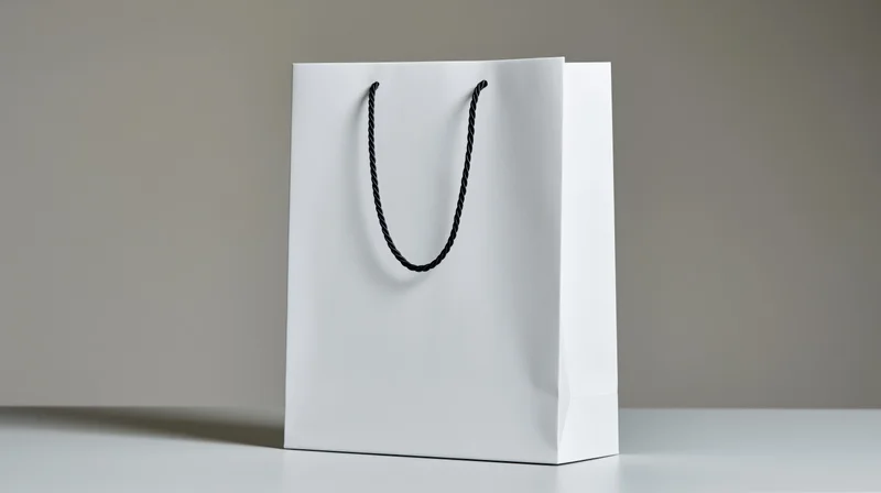 White paper shopping bag with black twisted cord handle on a neutral surface