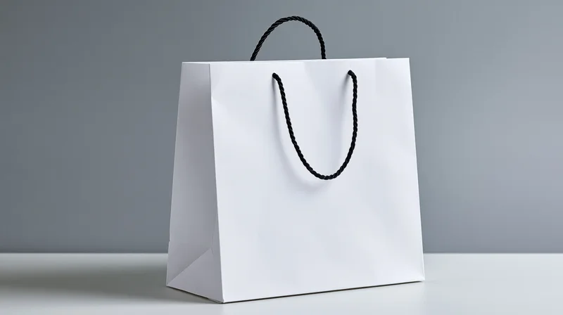 White paper shopping bag with black twisted cord handles on a gray surface