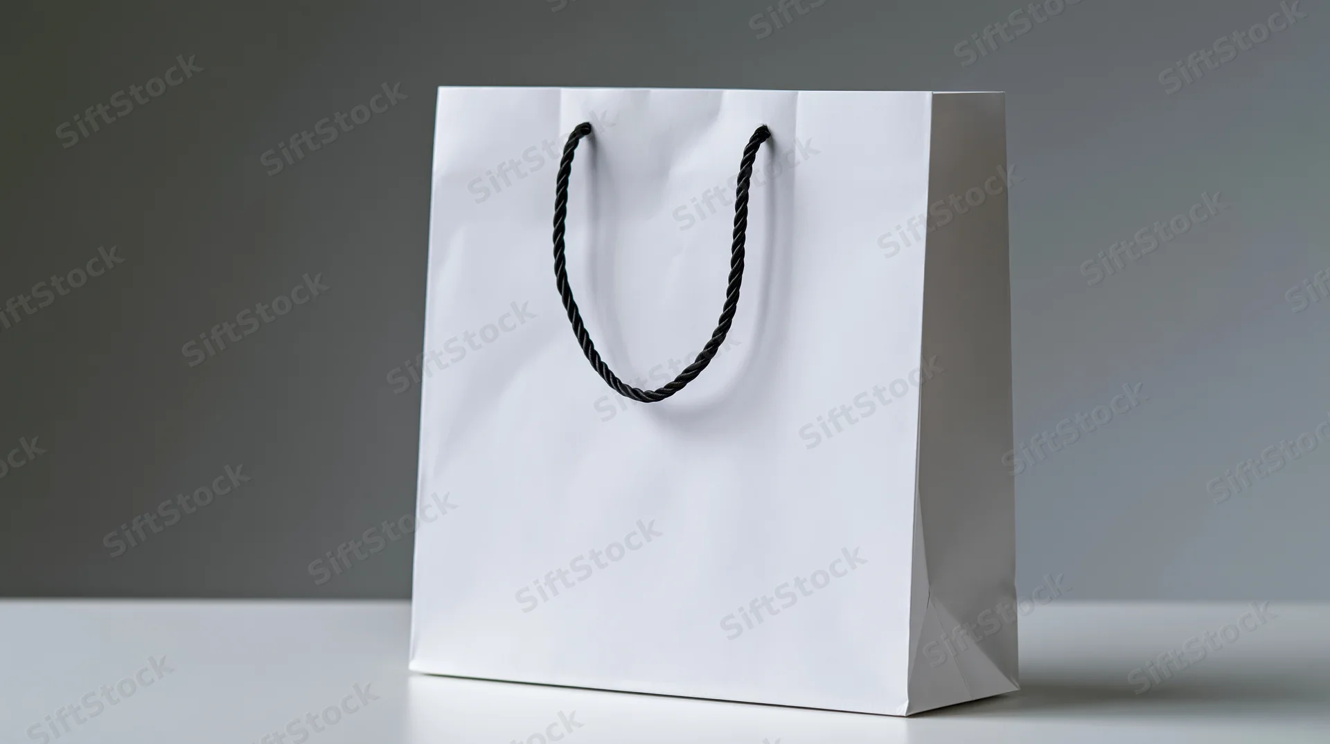 White paper shopping bag with black twisted cord handles on a gray surface