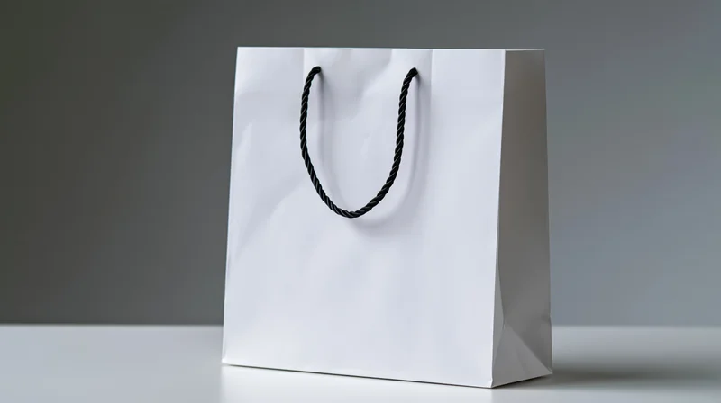 White paper shopping bag with black twisted cord handles on a gray surface