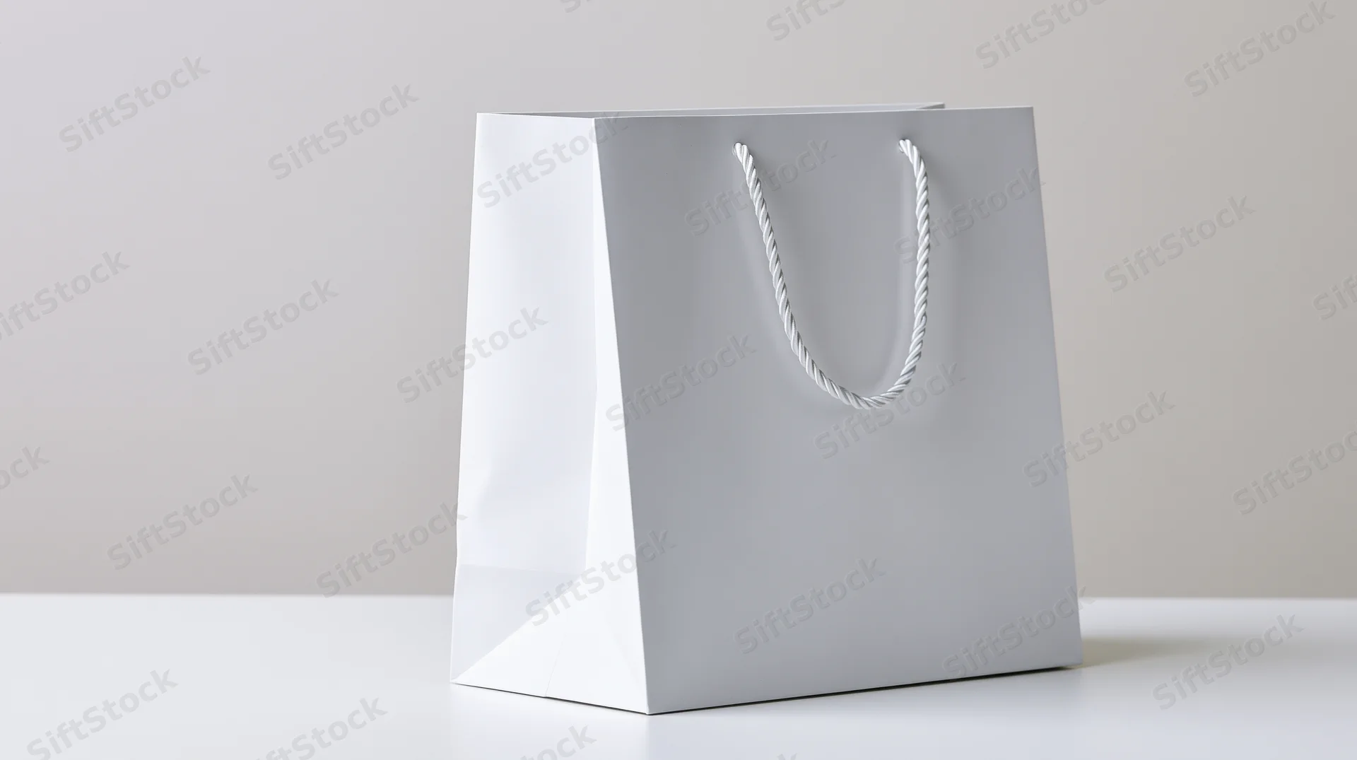Plain white paper shopping bag with twisted rope handles on a white surface