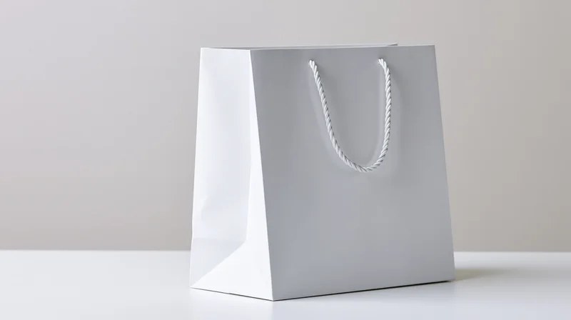 Plain white paper shopping bag with twisted rope handles on a white surface