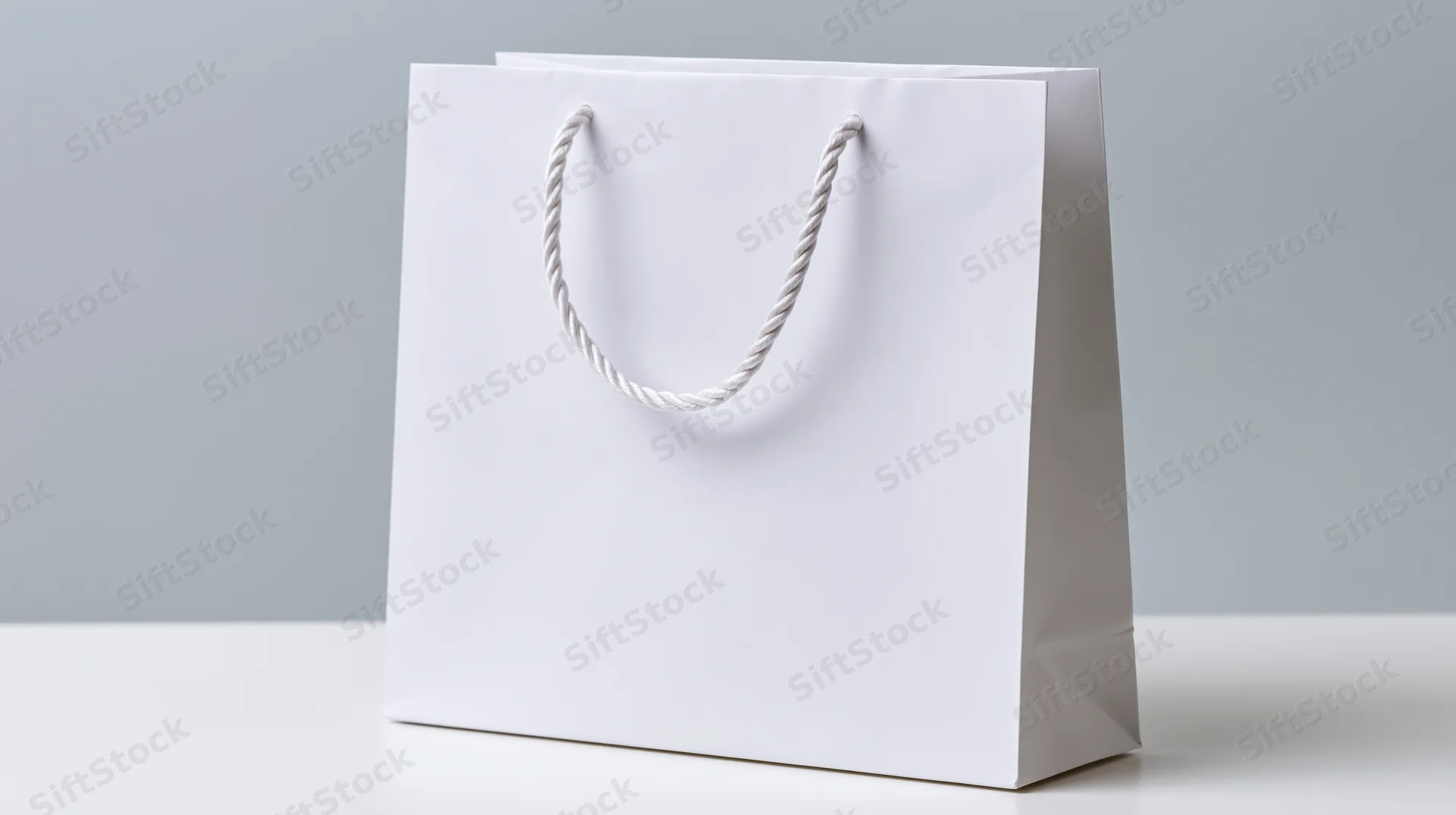 Plain white paper shopping bag with twisted rope handles on a white surface