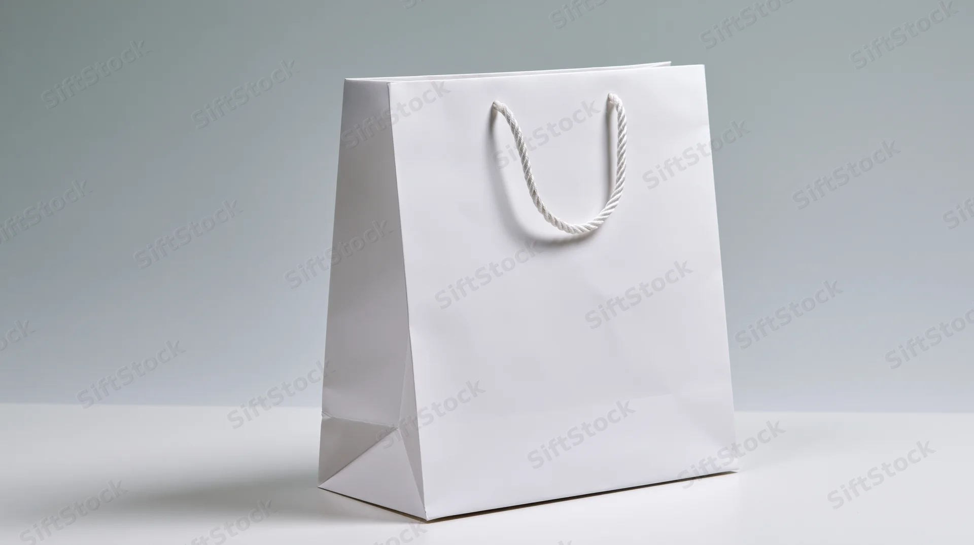 Plain white paper shopping bag with twisted rope handles standing on a white surface against a gray background