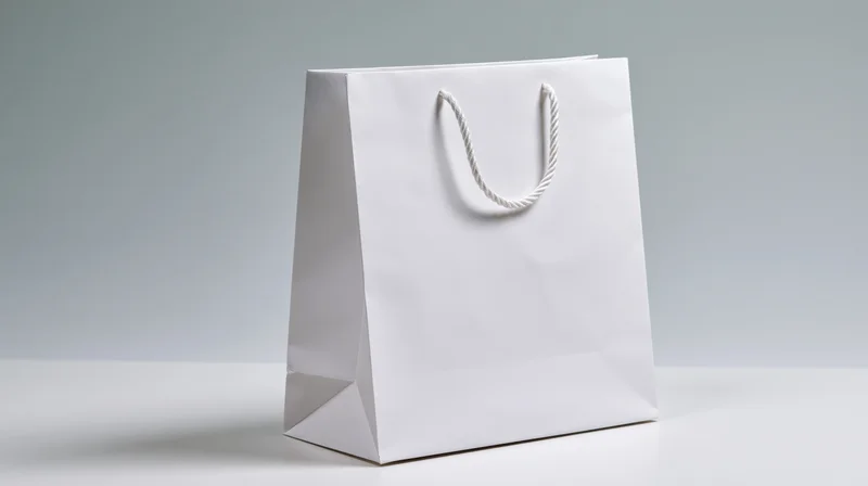 Plain white paper shopping bag with twisted rope handles standing on a white surface against a gray background