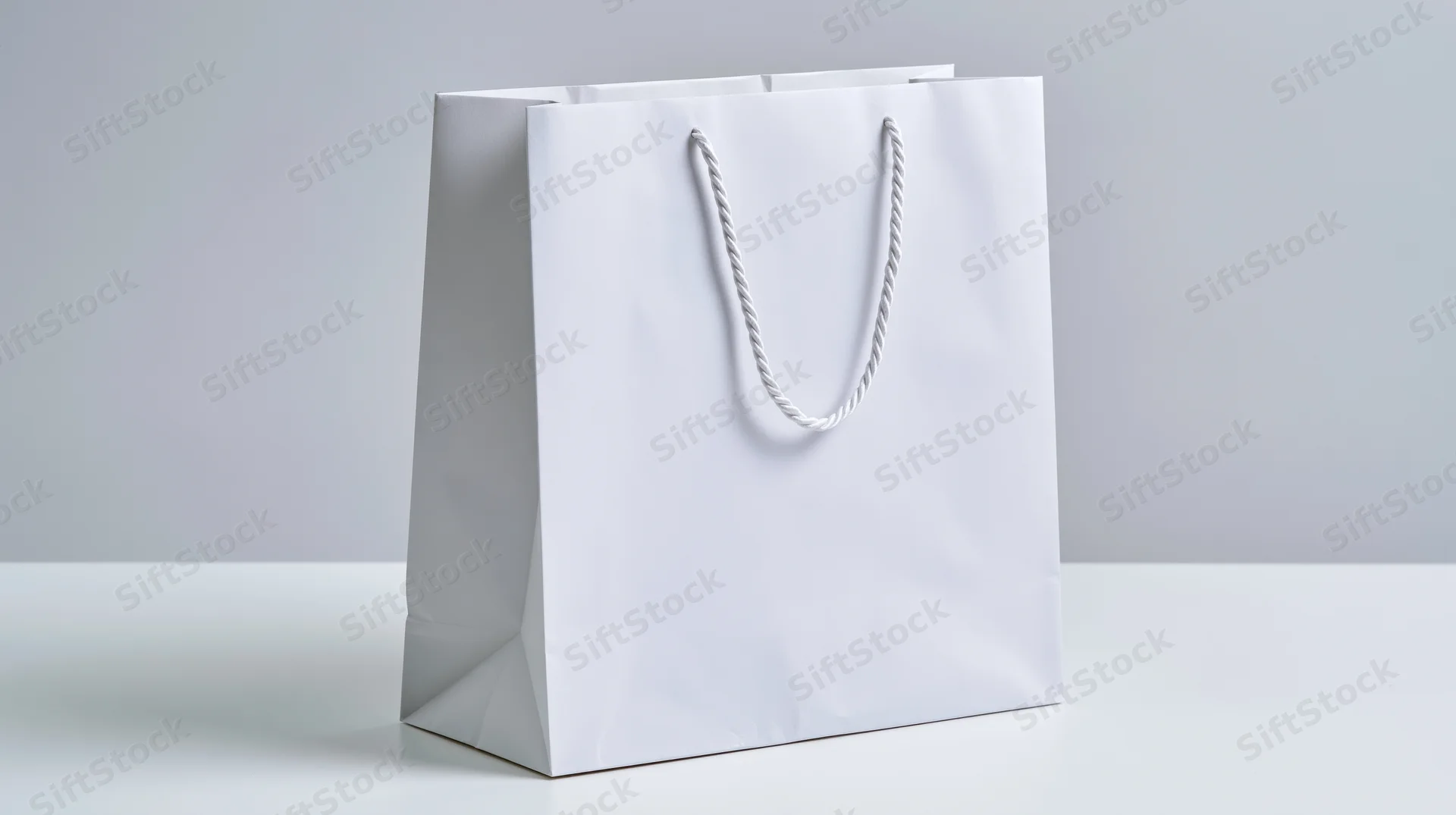 Plain white paper shopping bag with twisted rope handles on a white surface