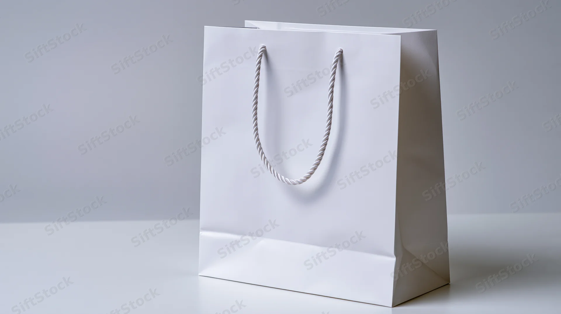 White paper shopping bag with twisted rope handles on a plain surface