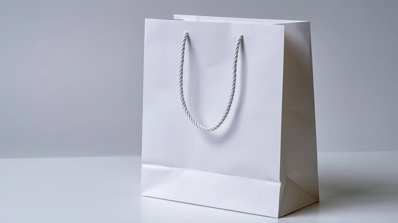 White paper shopping bag with twisted rope handles on a plain surface