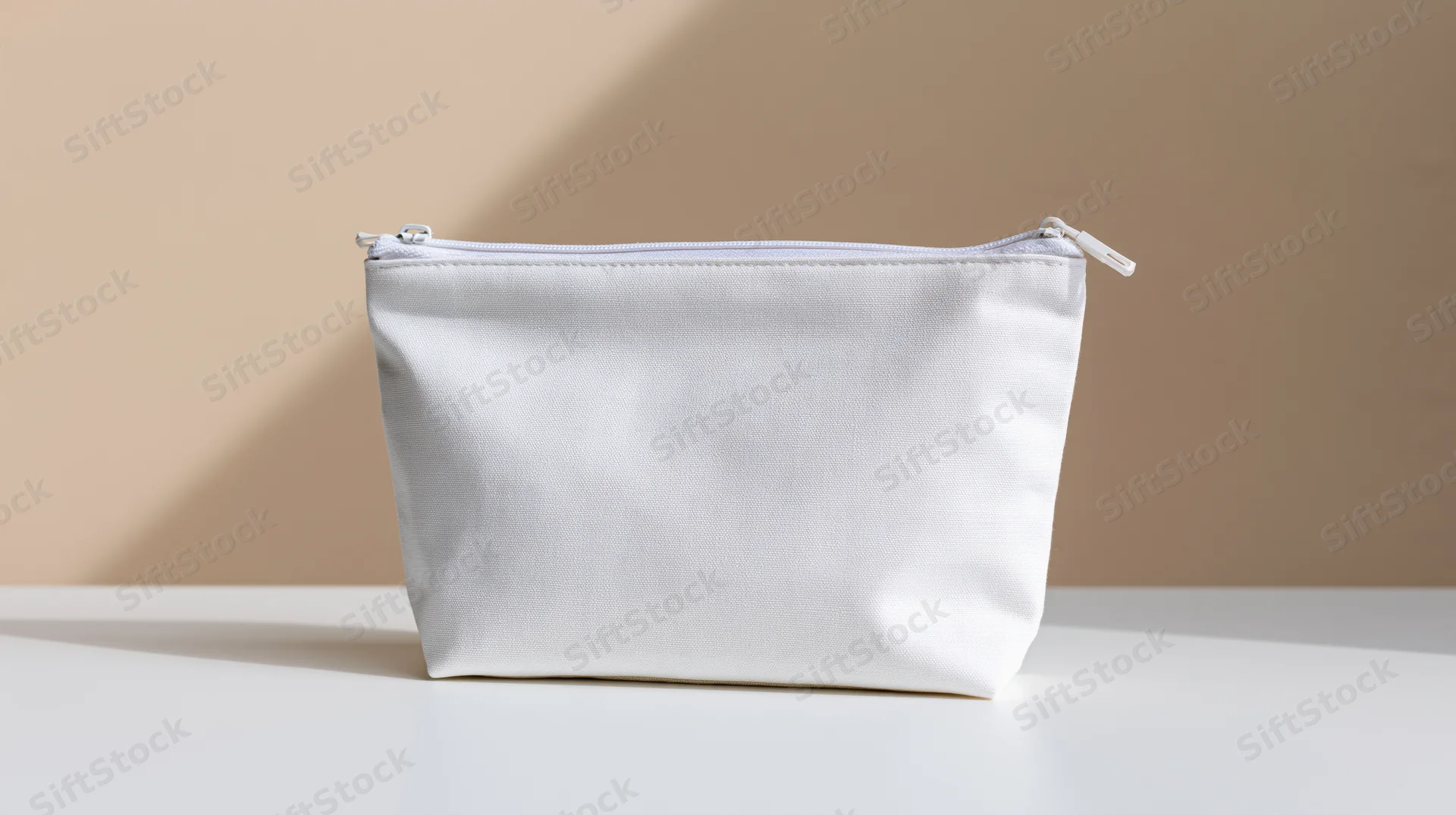 White zippered pouch sitting upright on a flat white surface with soft shadow against beige background