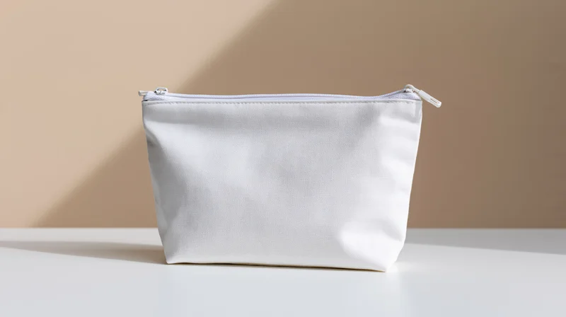 White zippered pouch sitting upright on a flat white surface with soft shadow against beige background