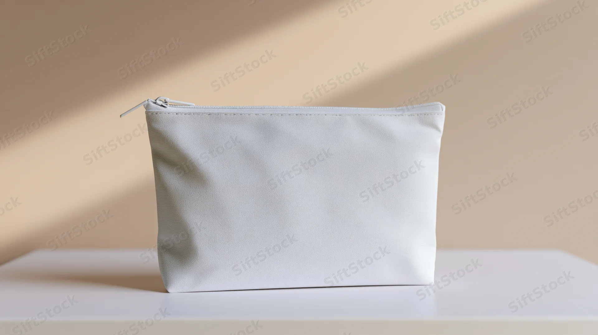White zippered pouch sitting upright on a flat white surface with soft shadows and beige background