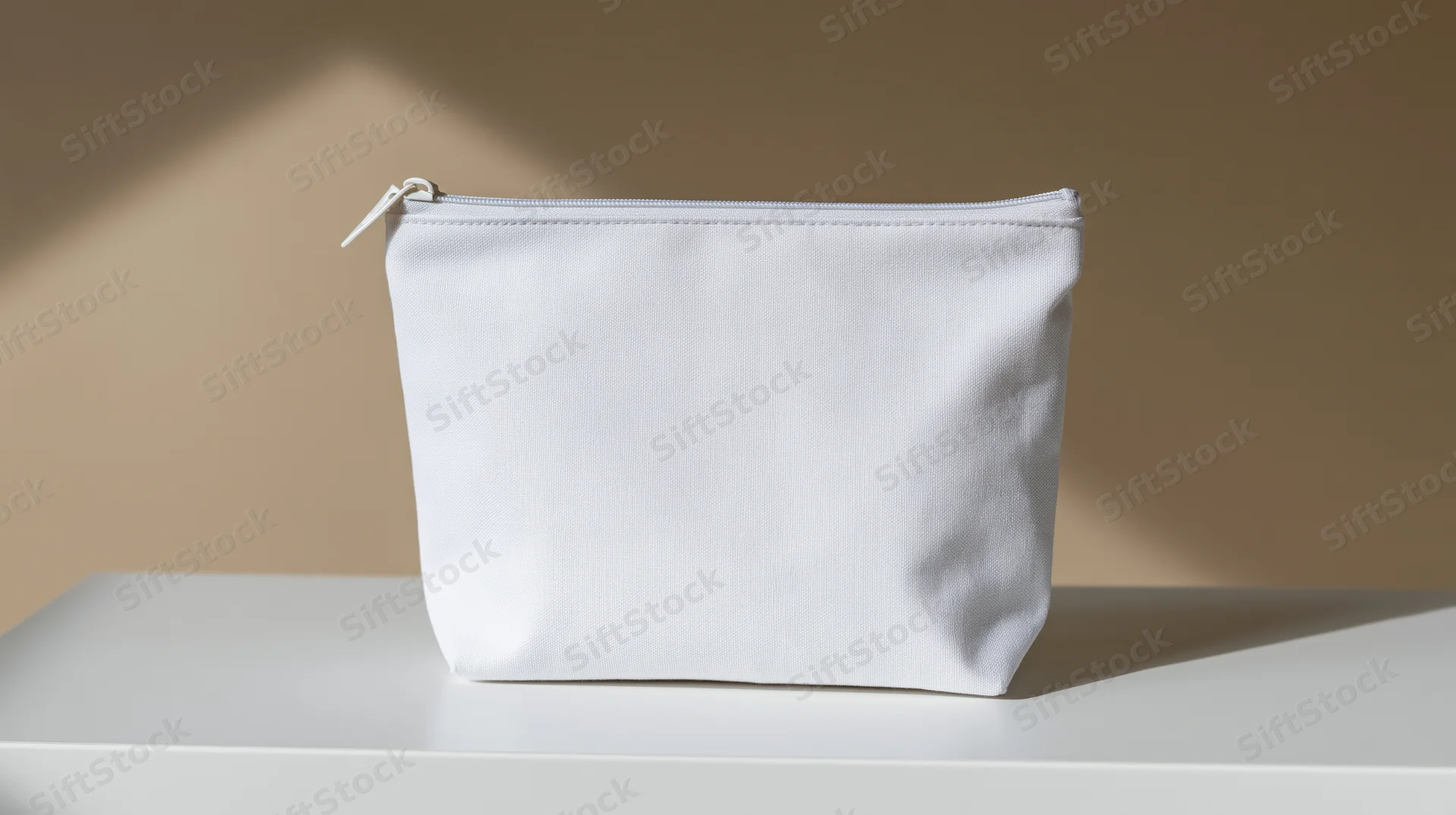 White canvas pouch with zipper sitting upright on a white surface