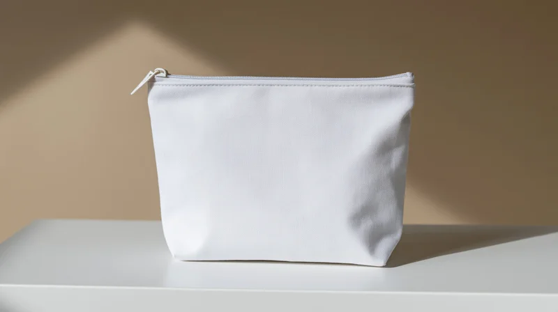 White Cosmetic Pouch on a Minimalist Studio Surface with Sof