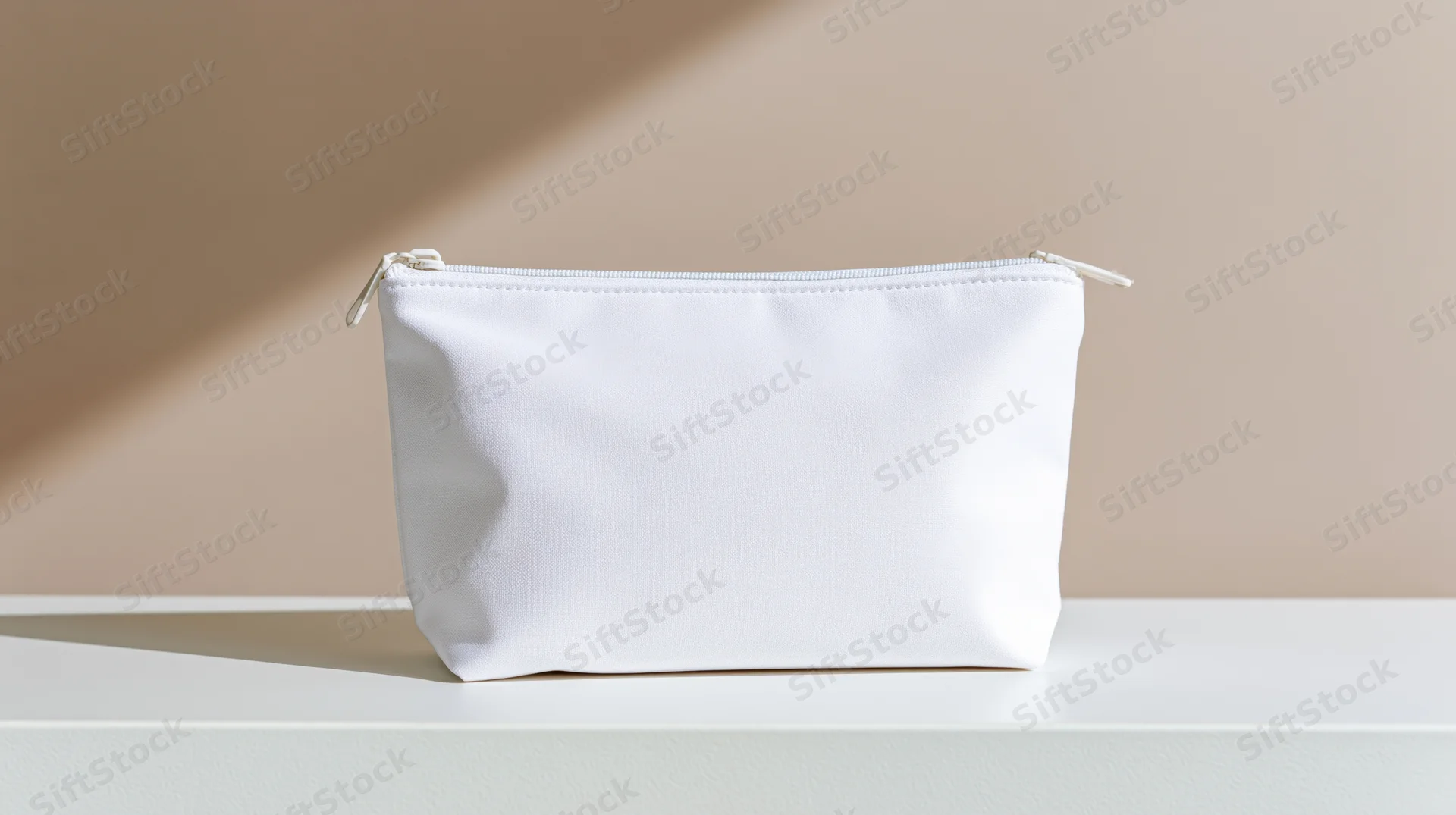 White zippered pouch sitting upright on a white surface against a beige background