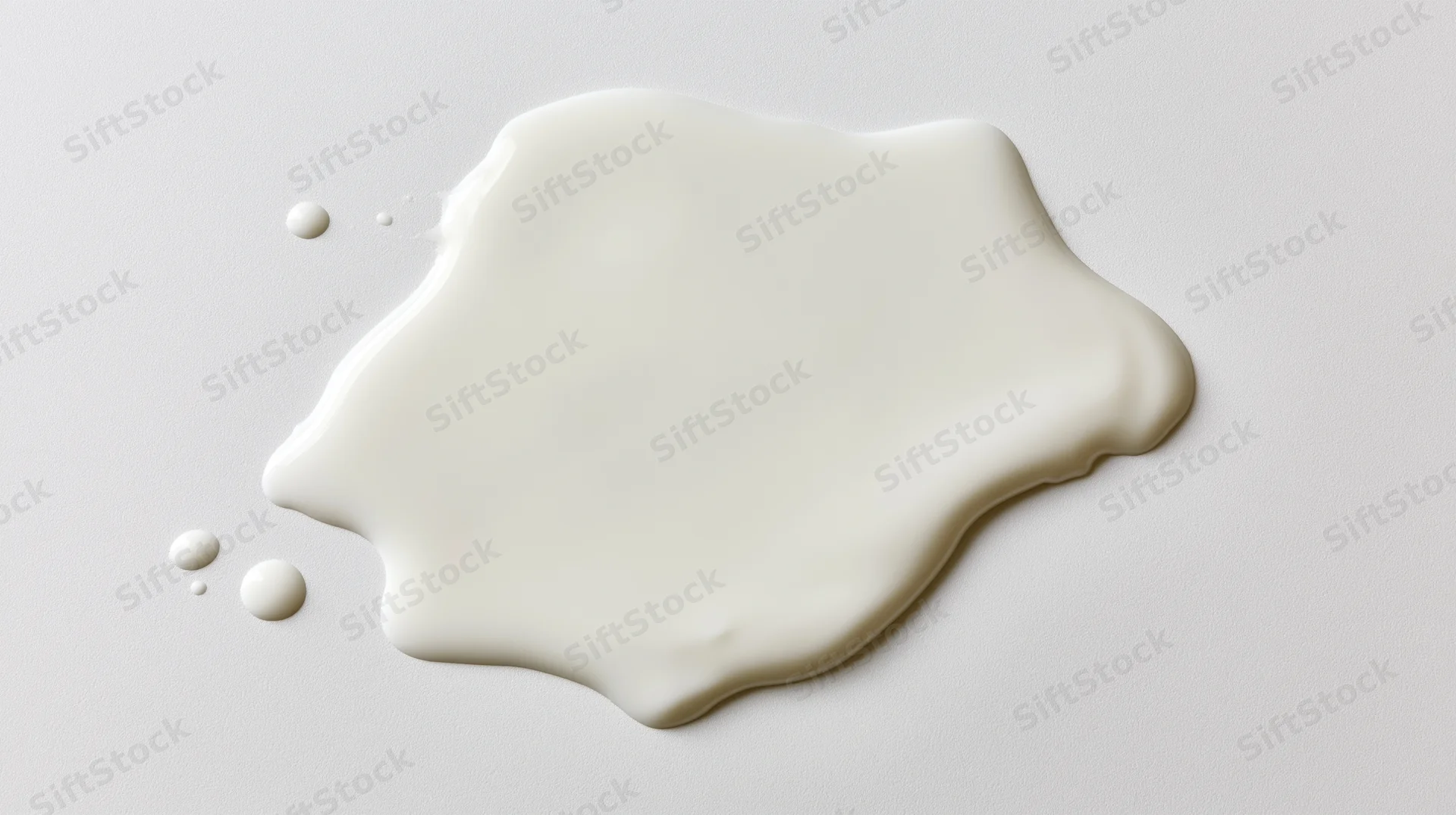 Spilled white milk or cream forming a glossy puddle on a plain surface