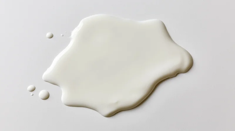 Spilled white milk or cream forming a glossy puddle on a plain surface