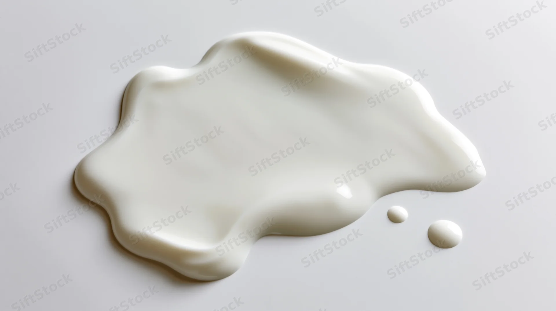 Spilled cream forming a glossy puddle on a plain white surface