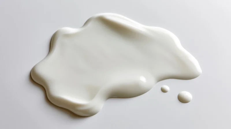 Spilled cream forming a glossy puddle on a plain white surface