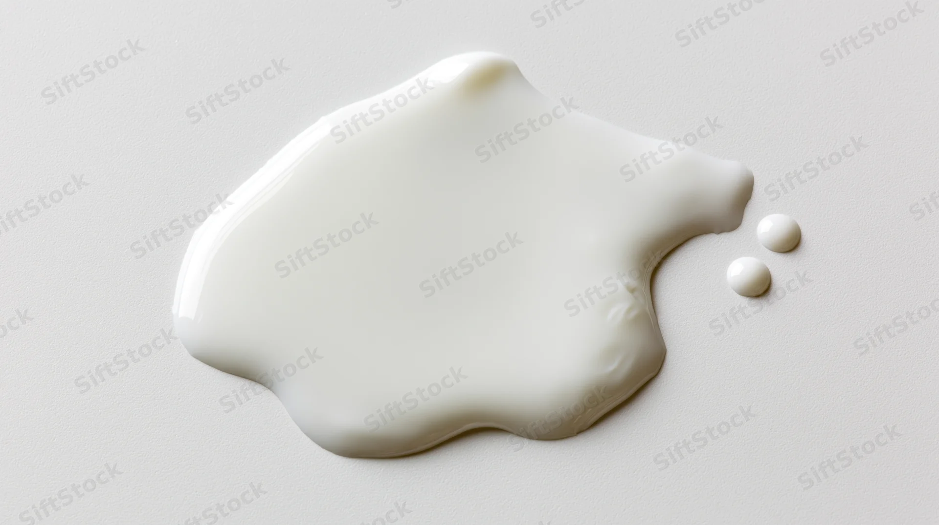 Spilled cream forming a puddle on a white surface with droplets beside it