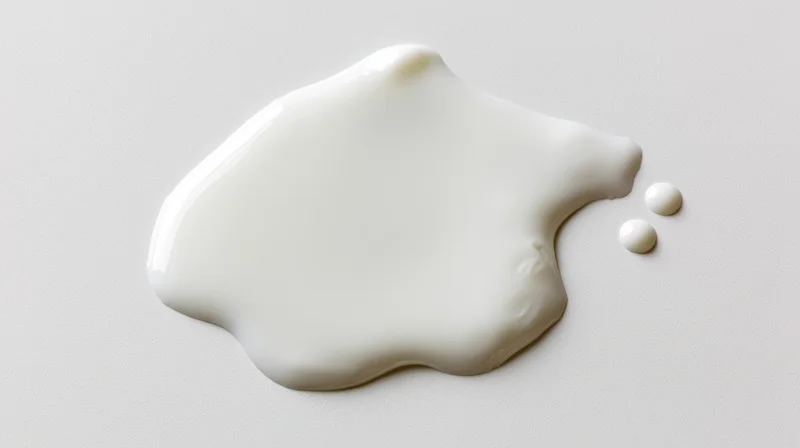 Spilled cream forming a puddle on a white surface with droplets beside it